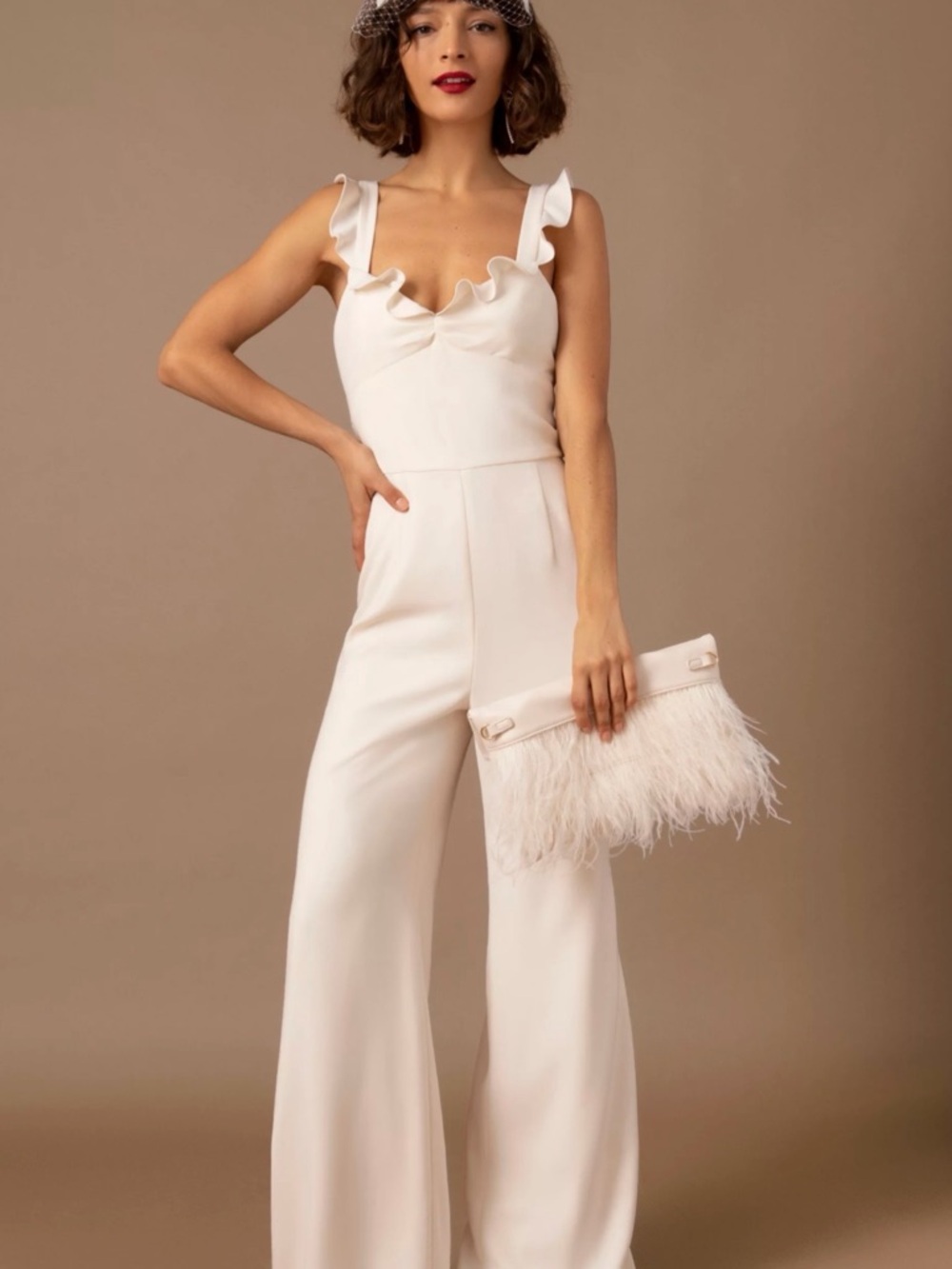 Elegant Cream Ruffle-Detail Jumpsuit